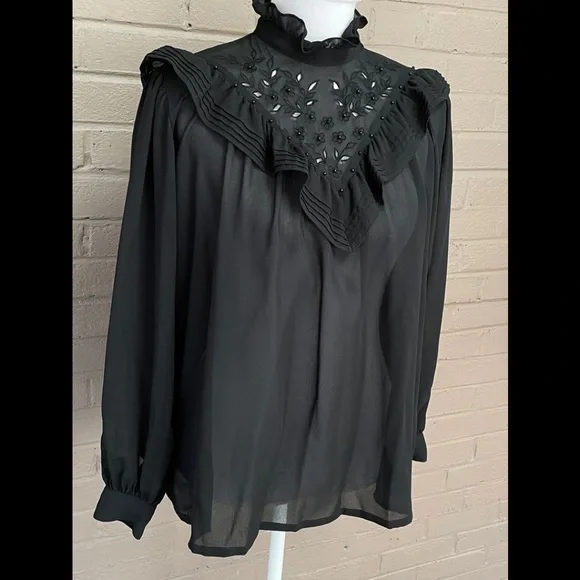 Vintage black ruffle collar shear blouse  XL - Picture 4 of 12